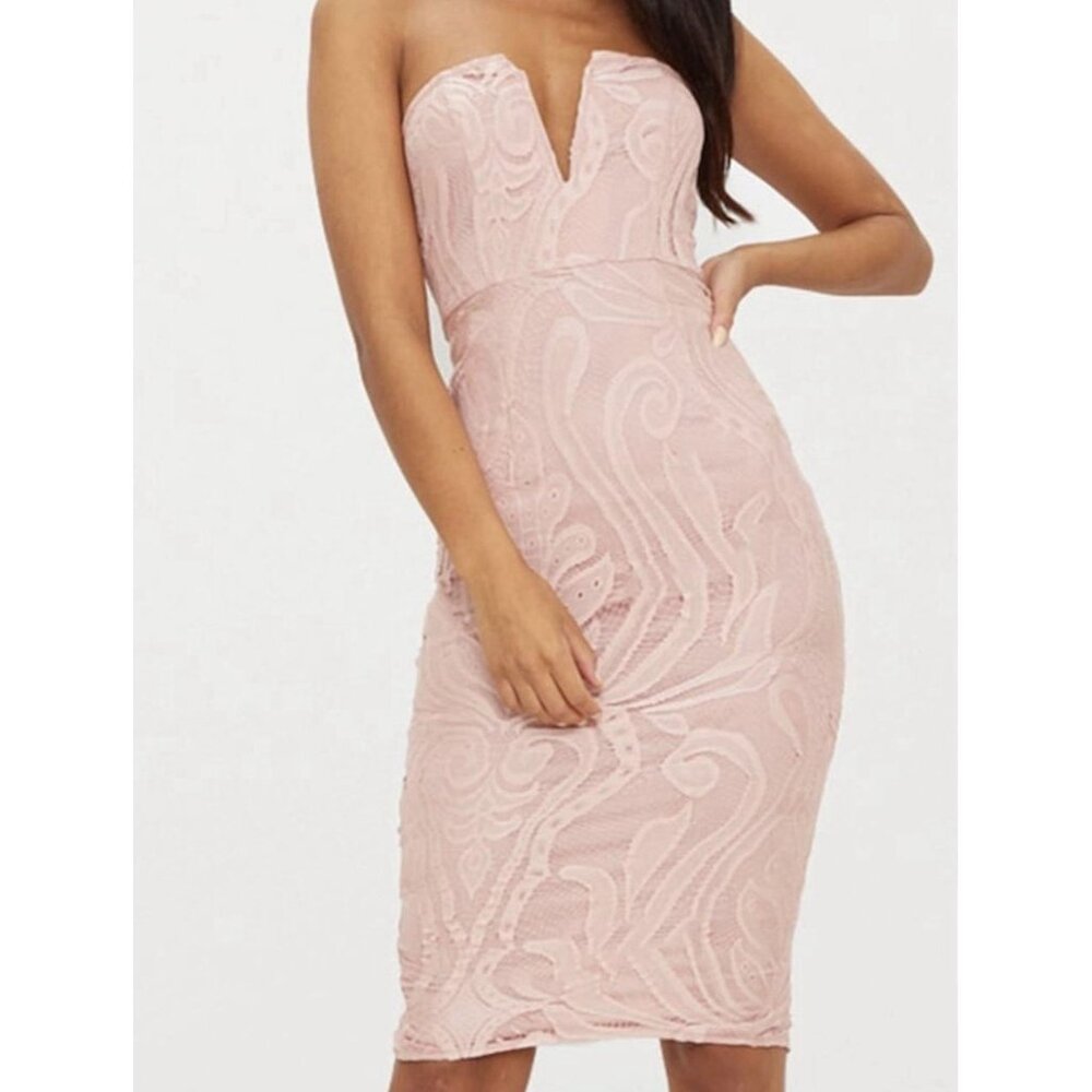 PRETTY LITTLE THINGS Pink Lace Midi Strapless Dress Size 2 Ethereal Wedding
